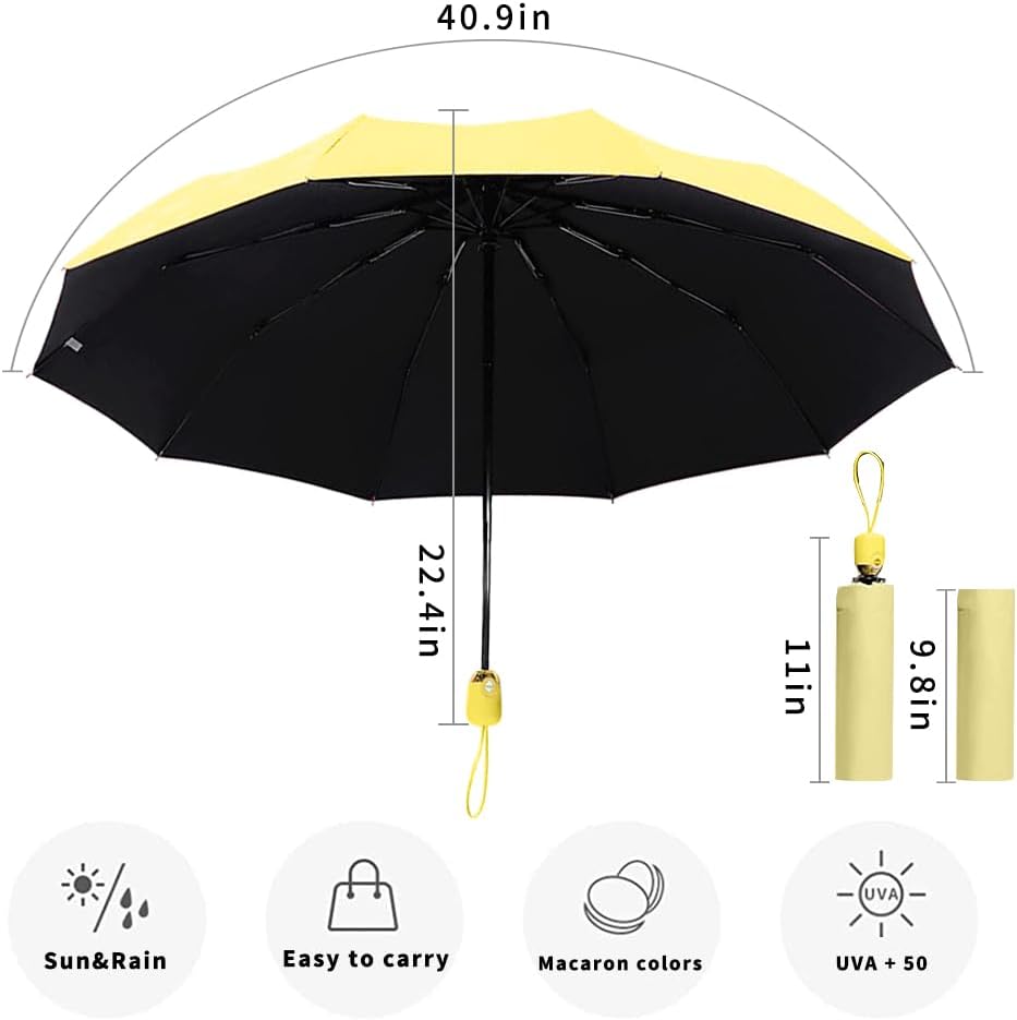 UV Protection Umbrella Compact Travel Umbrella Windproof Auto Open & Close Foldable Portable Umbrella for Women and Girls, with Black Anti-UV Coating