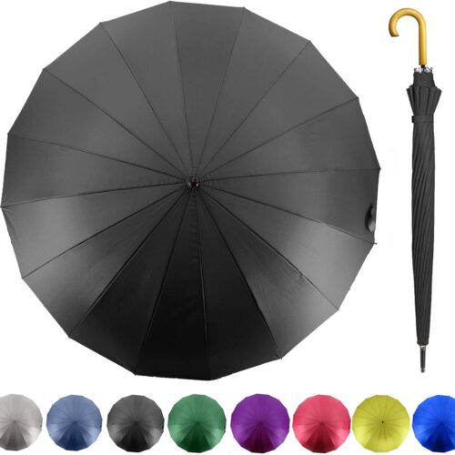 52 Inch Windproof Large Umbrellas for Rain, 16 Ribs, J Wooden Handle, 210T High-density Fabric Golf Stick Umbrella