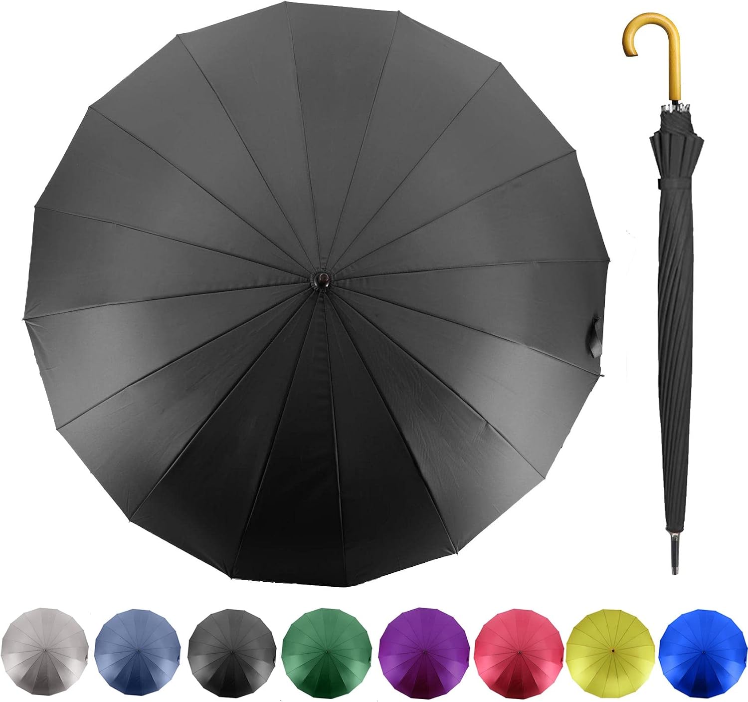 52 Inch Windproof Large Umbrellas for Rain, 16 Ribs, J Wooden Handle, 210T High-density Fabric Golf Stick Umbrella