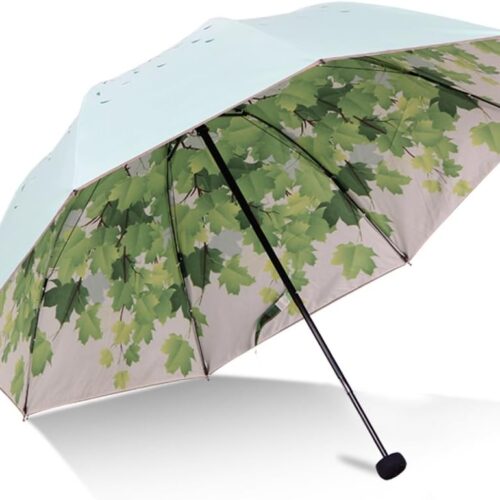Green Tree Leaf Folding Travel Sun Umbrella Sunblock UV Protection UPF 50+ Rain Resistant Compact Size Parasol Fold into Purse