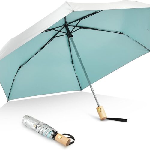 UPF 50+ UV Protection Travel Umbrella with Wooden Handle, 42 Inch Lightweight Sun Rain Folding Umbrellas Auto Open Close (Lake Blue)