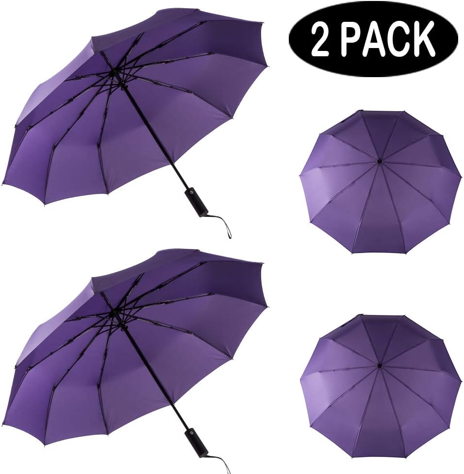 2 Packs Travel Umbrella Windproof Auto Open & Close Collapsible Folding Small Compact 10 & 8 RIBS Backpack Car travel Essentials Purse Umbrellas for Rain