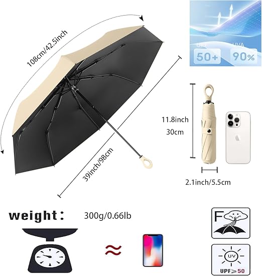 Compact Folding Umbrella Ring Handle Coating Layer Fabric Blocking UV Protection 99.9%/Car/Small Travel Backpack/Lightweight Portable/Rain Sun Anti UPF 50/Men Women Kids