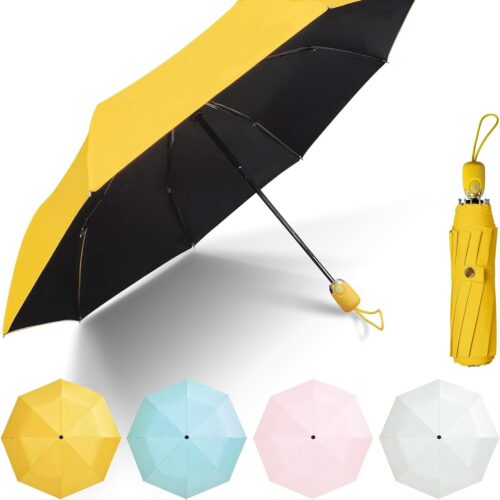 UV Protection Umbrella Compact Travel Umbrella Windproof Auto Open & Close Foldable Portable Umbrella for Women and Girls, with Black Anti-UV Coating