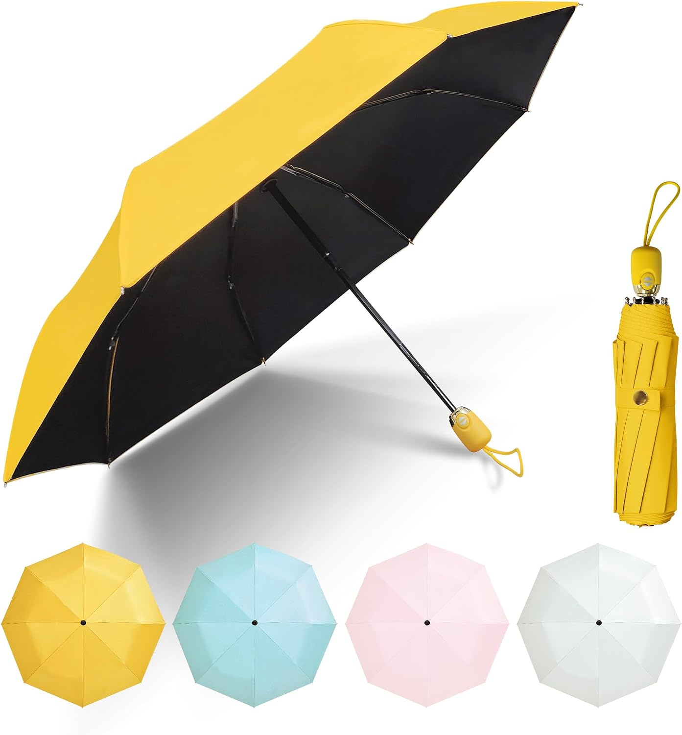 UV Protection Umbrella Compact Travel Umbrella Windproof Auto Open & Close Foldable Portable Umbrella for Women and Girls, with Black Anti-UV Coating