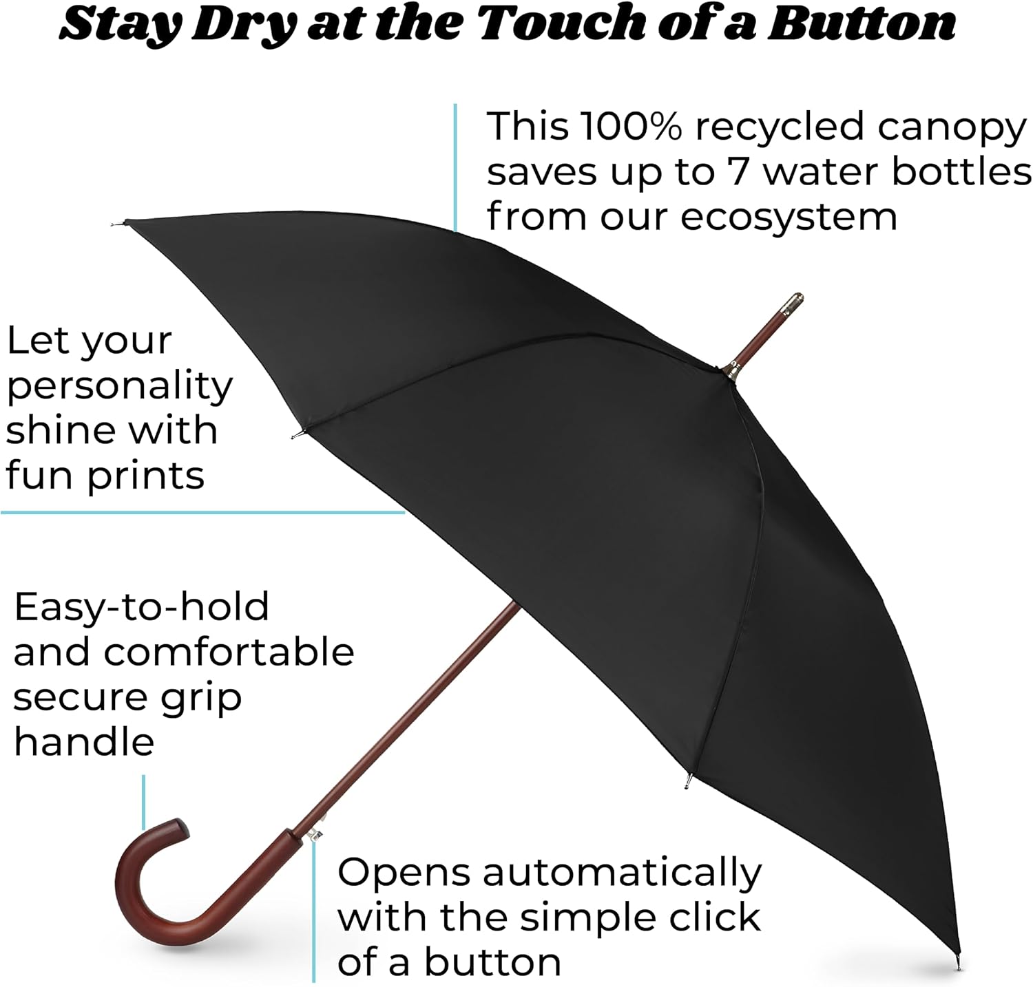 Auto Open Umbrella Classic Wooden J Stick Handle with Easy Grip - Windproof, Rainproof and Durable Canopy Design – Versatile Travel, Perfect for Rainy Days