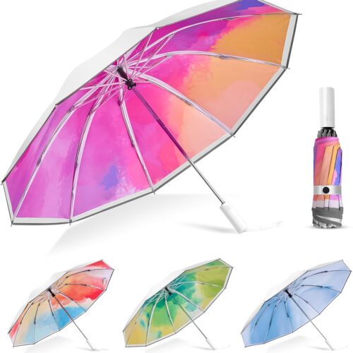 UPF 50+ Sun Umbrella UV Protection, UV Blocking Umbrella with Silver Cooling Coating, Travel Umbrella Compact Portable, Large Inverted Windproof Colourful Rain Umbrella