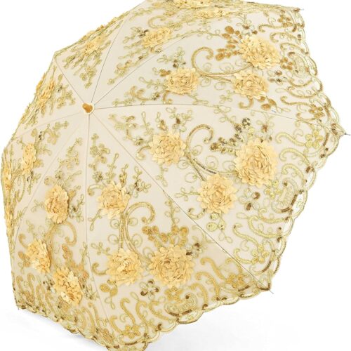 Lace Parasol Ultraviolet-Proof Folding Umbrella UPF50+ Vintage Flower Embroidery Umbrella for Wedding Party and Photo Shooting