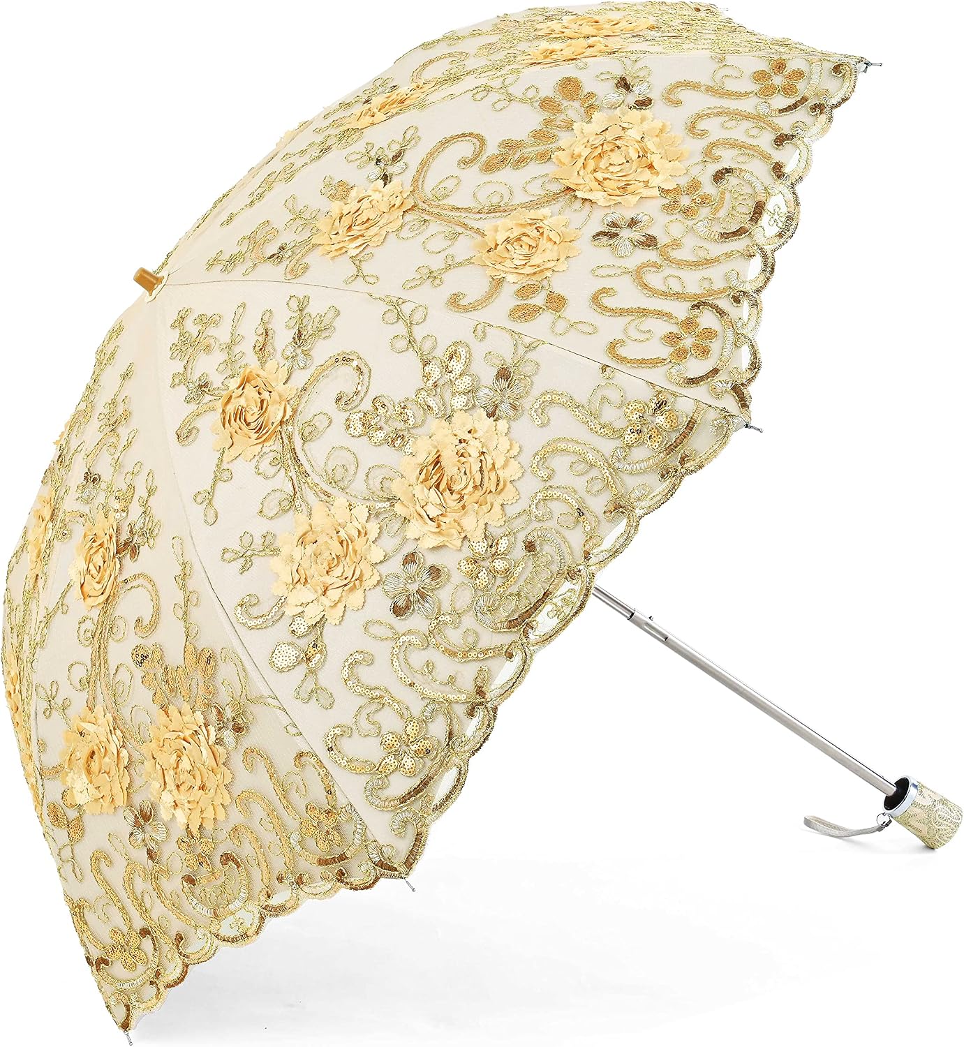 Lace Parasol Ultraviolet-Proof Folding Umbrella UPF50+ Vintage Flower Embroidery Umbrella for Wedding Party and Photo Shooting
